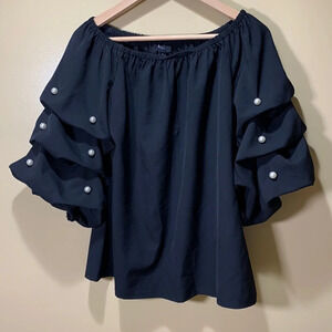 MSK Puffy bubble sleeve Pearl studded blouse black size medium off the shoulder